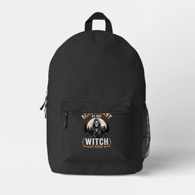 Halloween Accountant by Day Witch by Night Design Printed Backpack (Front)