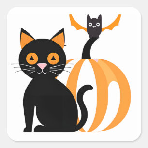 Halloween Adorable Black Cat Pumpkin and Bat Square Sticker