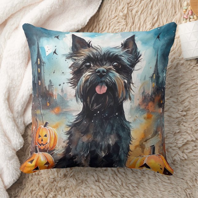 Halloween Affenpinscher With Pumpkins Scary Cushion (Blanket)