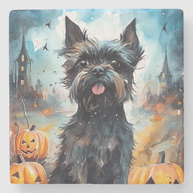 Halloween Affenpinscher With Pumpkins Scary Stone Coaster (Front)