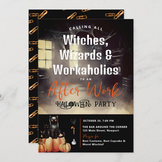Halloween After-Work Party Black Cat Pumpkin Black Invitation (Front/Back)