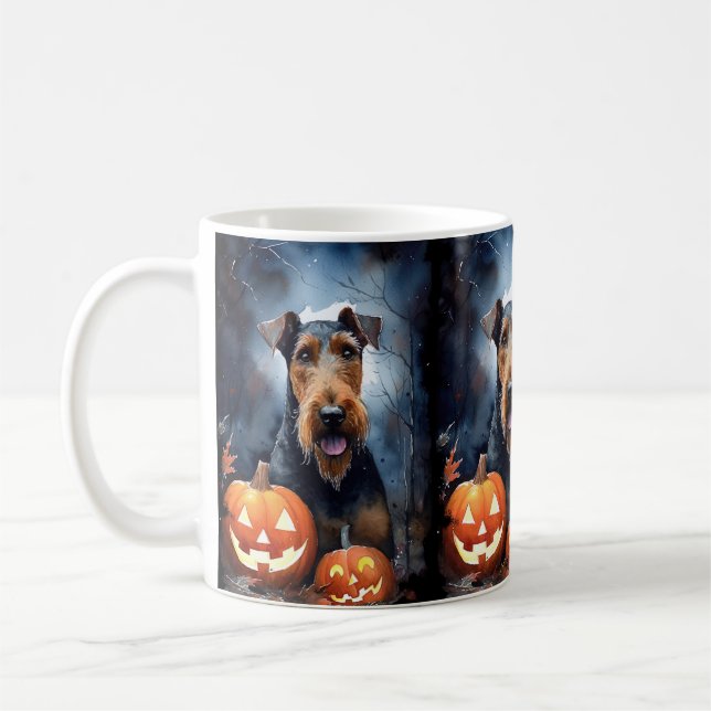 Halloween Airedale With Pumpkins Scary Coffee Mug (Left)
