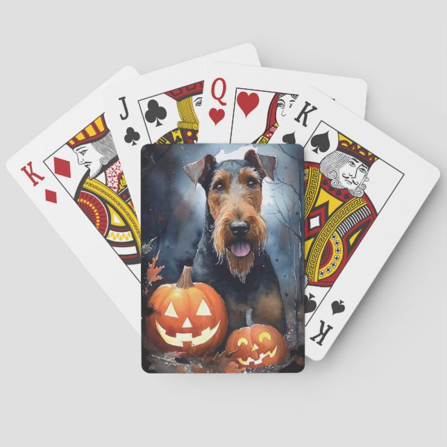 Halloween Airedale With Pumpkins Scary Playing Cards (Back)