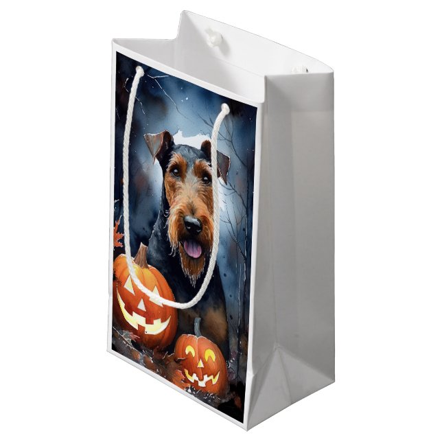 Halloween Airedale With Pumpkins Scary Small Gift Bag (Front Angled)