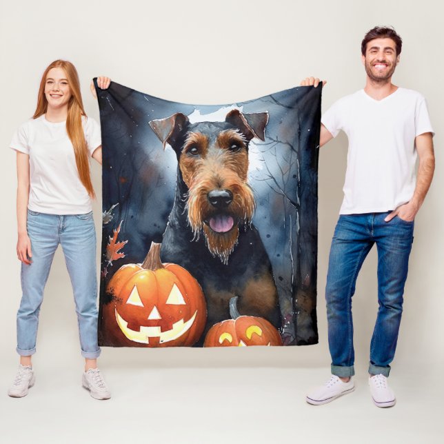Halloween Airedale With Pumpkins Scary Throw Pillo Fleece Blanket (In Situ)