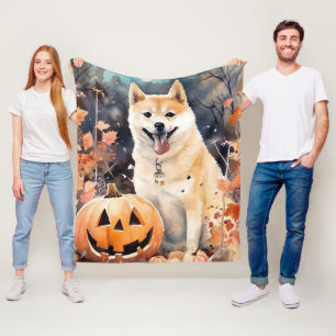 Halloween Akita With Pumpkins Scary Fleece Blanket