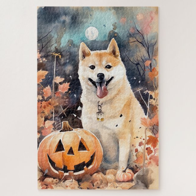Halloween Akita With Pumpkins Scary Jigsaw Puzzle (Vertical)