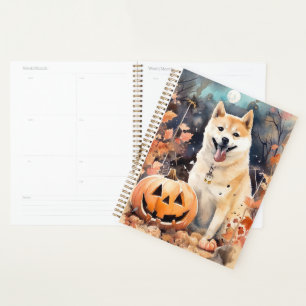 Halloween Akita With Pumpkins Scary Planner