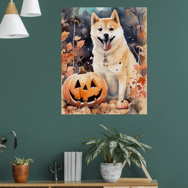 Halloween Akita With Pumpkins Scary Poster (Living Room 1)