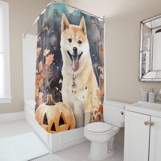 Halloween Akita With Pumpkins Scary Shower Curtain (In Situ)
