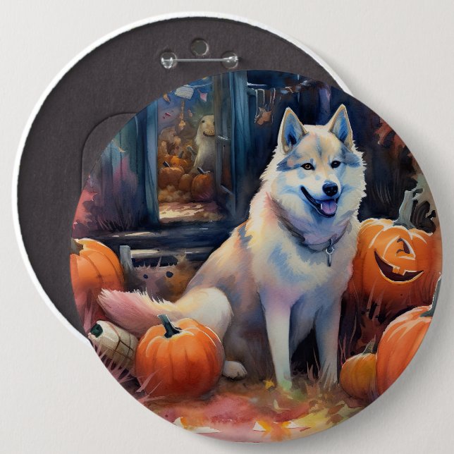 Halloween Alaskan Malamute With Pumpkins Scary 6 Cm Round Badge (Front & Back)