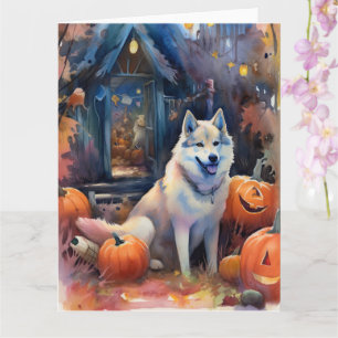Halloween Alaskan Malamute With Pumpkins Scary Card