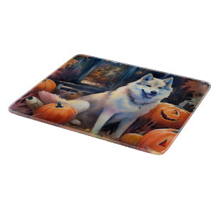 Halloween Alaskan Malamute With Pumpkins Scary Cutting Board