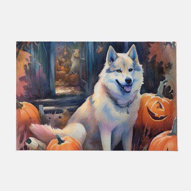 Halloween Alaskan Malamute With Pumpkins Scary Doormat (Front)