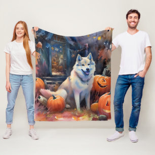 Halloween Alaskan Malamute With Pumpkins Scary Fleece Blanket