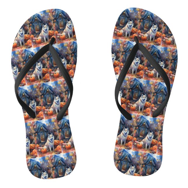 Halloween Alaskan Malamute With Pumpkins Scary Flip Flops (Footbed)