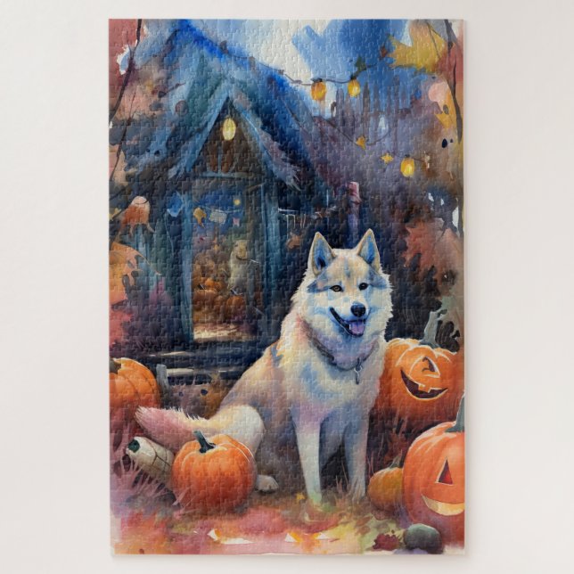 Halloween Alaskan Malamute With Pumpkins Scary Jigsaw Puzzle (Vertical)