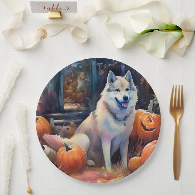 Halloween Alaskan Malamute With Pumpkins Scary Paper Plate (Wedding)