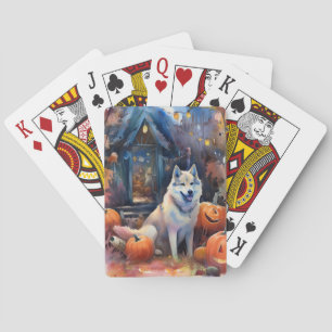 Halloween Alaskan Malamute With Pumpkins Scary Playing Cards