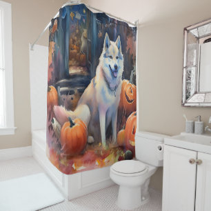 Halloween Alaskan Malamute With Pumpkins Scary Shower Curtain