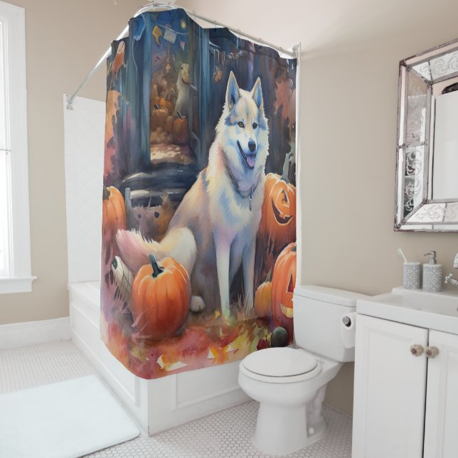 Halloween Alaskan Malamute With Pumpkins Scary Shower Curtain (In Situ)
