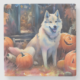 Halloween Alaskan Malamute With Pumpkins Scary Stone Coaster
