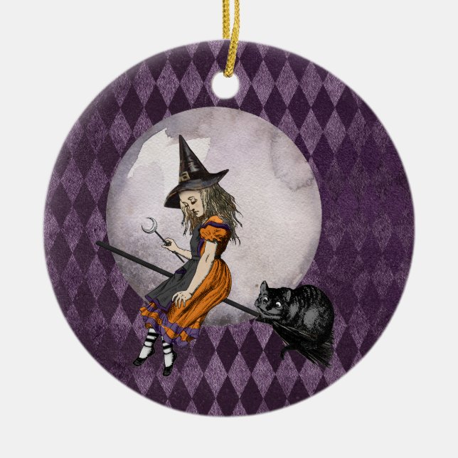Halloween Alice in Wonderland Cheshire Cat Moon Ceramic Tree Decoration (Front)