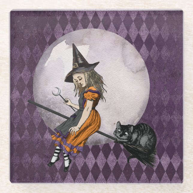 Halloween Alice in Wonderland Cheshire Cat Moon Glass Coaster (Front)