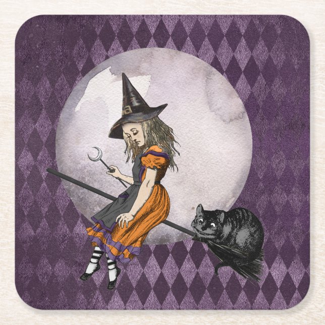 Halloween Alice in Wonderland Cheshire Cat Moon Square Paper Coaster (Front)