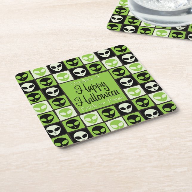 Halloween alien mosaic square paper coaster (Angled)