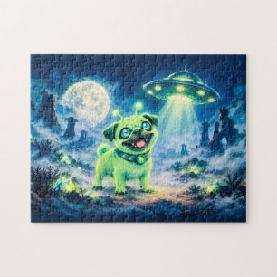 Halloween Alien Pug with Night Spaceship Jigsaw Puzzle