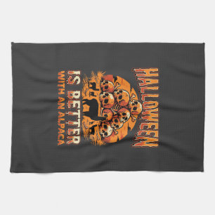 Halloween Alpaca Skull Pile Retro Horror Design Tea Towel