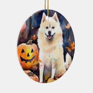 Halloween American Akita With Pumpkins Scary Ceramic Tree Decoration