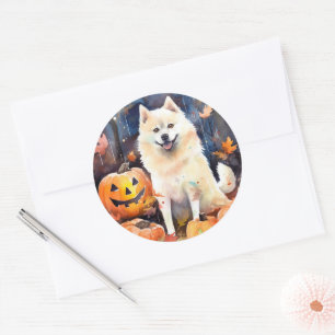 Halloween American Akita With Pumpkins Scary Classic Round Sticker