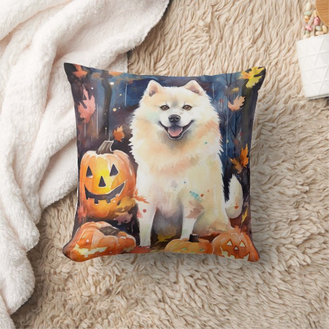 Halloween American Akita With Pumpkins Scary Cushion (Blanket)