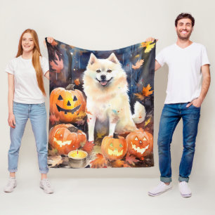 Halloween American Akita With Pumpkins Scary Fleece Blanket