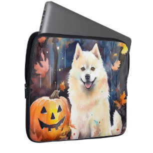 Halloween American Akita With Pumpkins Scary Laptop Sleeve