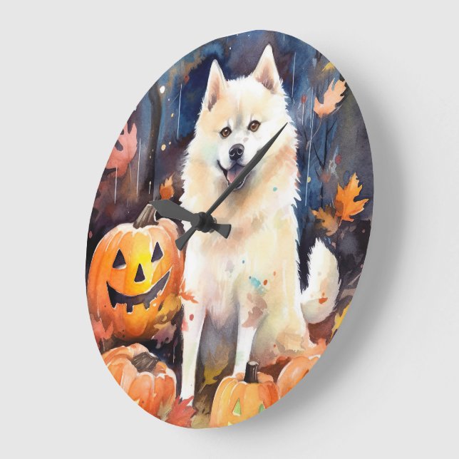 Halloween American Akita With Pumpkins Scary Large Clock (Angle)