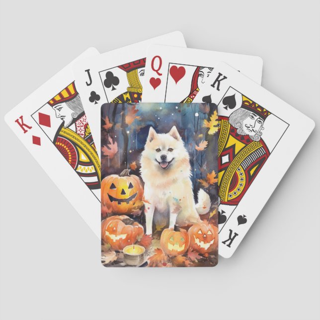 Halloween American Akita With Pumpkins Scary Playing Cards (Back)
