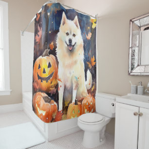 Halloween American Akita With Pumpkins Scary Shower Curtain