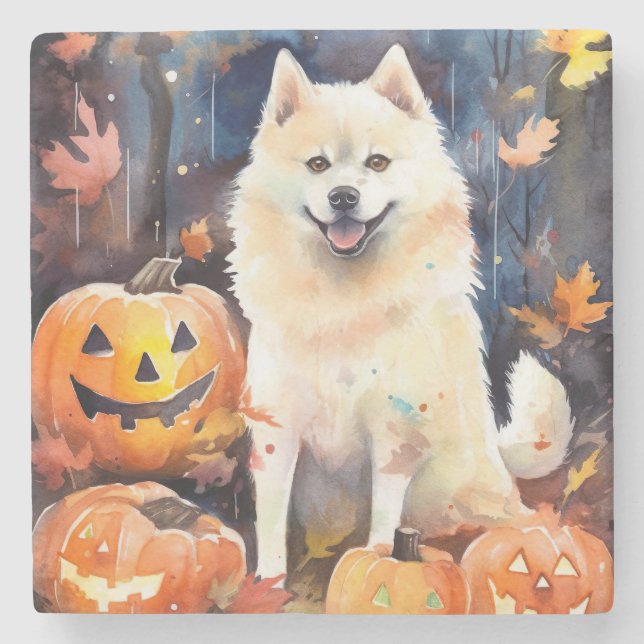 Halloween American Akita With Pumpkins Scary Stone Coaster (Front)