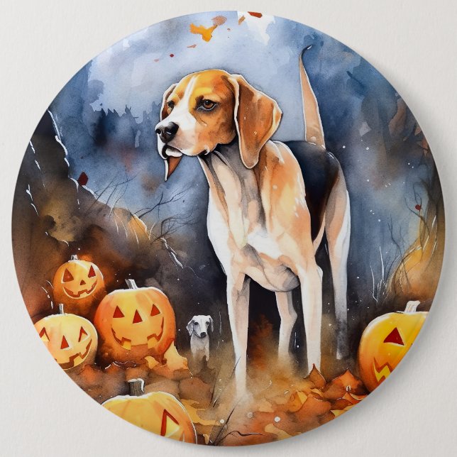 Halloween American English Foxhound With Pumpkins 6 Cm Round Badge (Front)