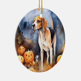 Halloween American English Foxhound With Pumpkins Ceramic Tree Decoration