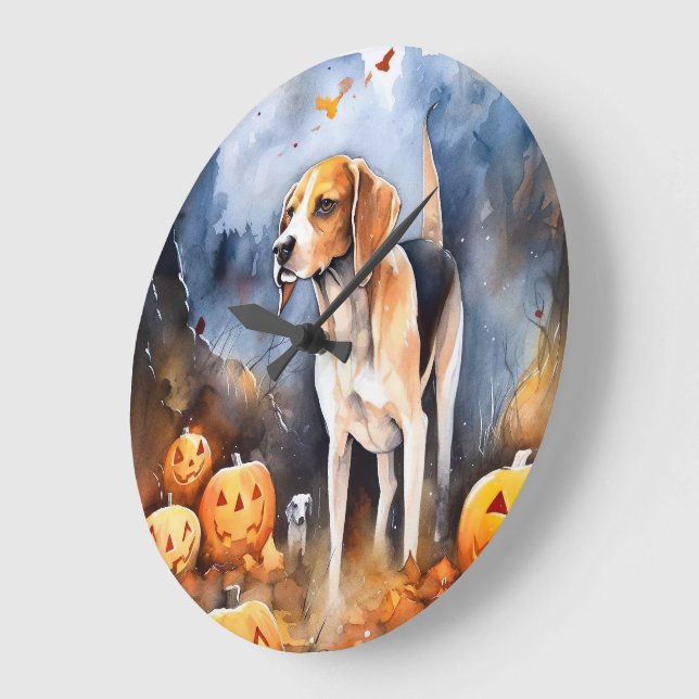 Halloween American English Foxhound With Pumpkins Large Clock (Angle)