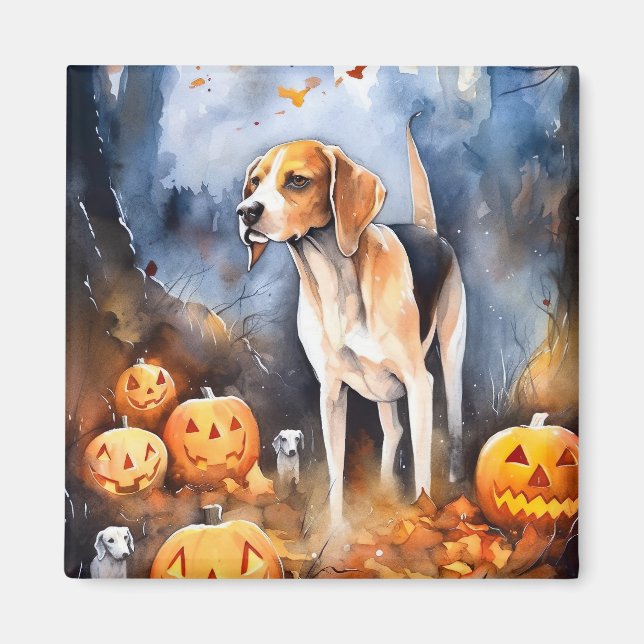 Halloween American English Foxhound With Pumpkins Magnet (Front)