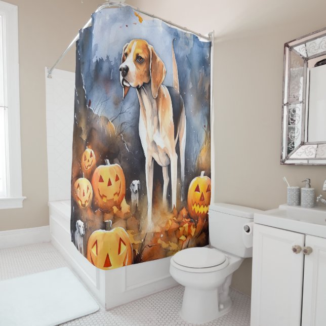 Halloween American English Foxhound With Pumpkins Shower Curtain (In Situ)