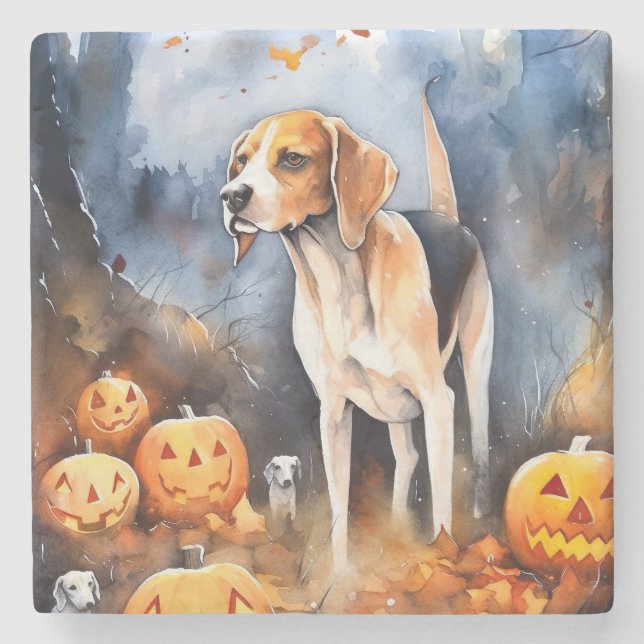 Halloween American English Foxhound With Pumpkins Stone Coaster (Front)
