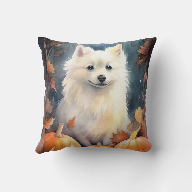 Halloween American Eskimo With Pumpkins Scary Cushion (Back)