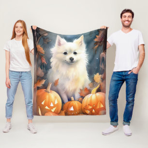 Halloween American Eskimo With Pumpkins Scary Fleece Blanket