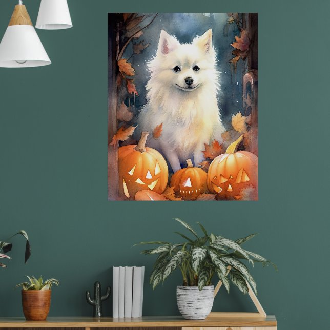 Halloween American Eskimo With Pumpkins Scary Poster (Living Room 1)